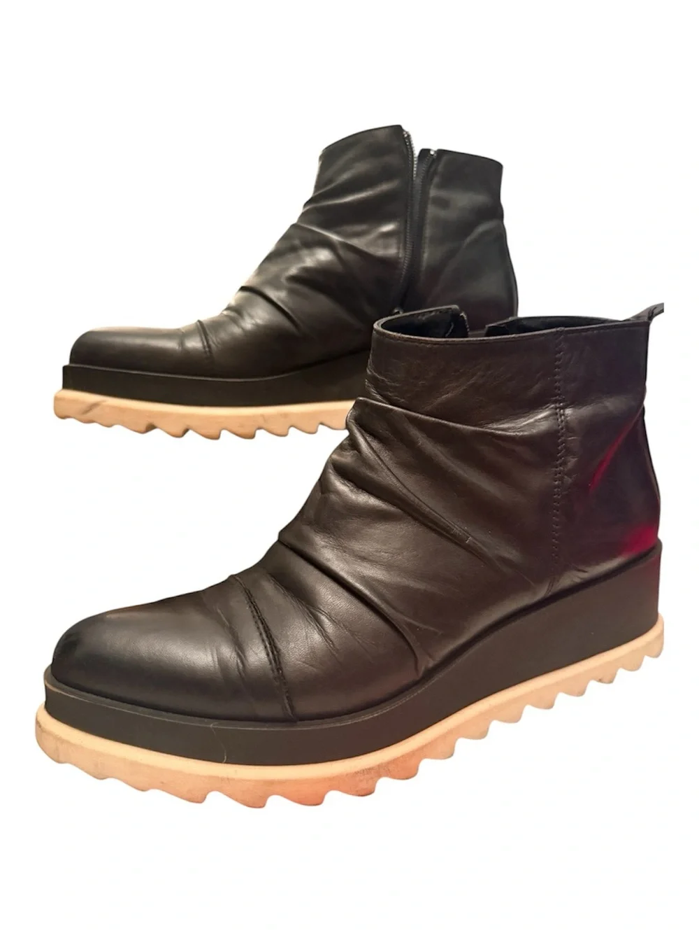 Women's Black Leather Platform Ankle Boots with Cream Lug Sole